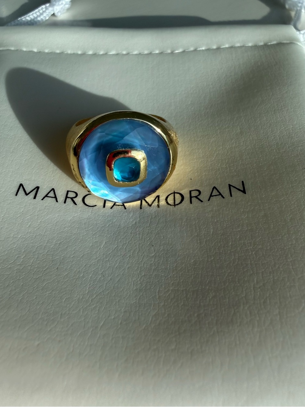 Gold Ring with Pale Blue Chalcedony and Teal Accent - Picture 2 of 3